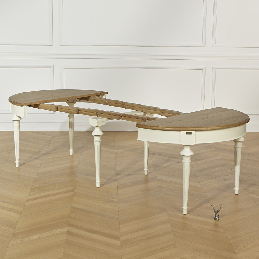 Mesa de comedor extensible AMBRE - Estilo shabby chic, tablero de roble, 4/10 cubiertos