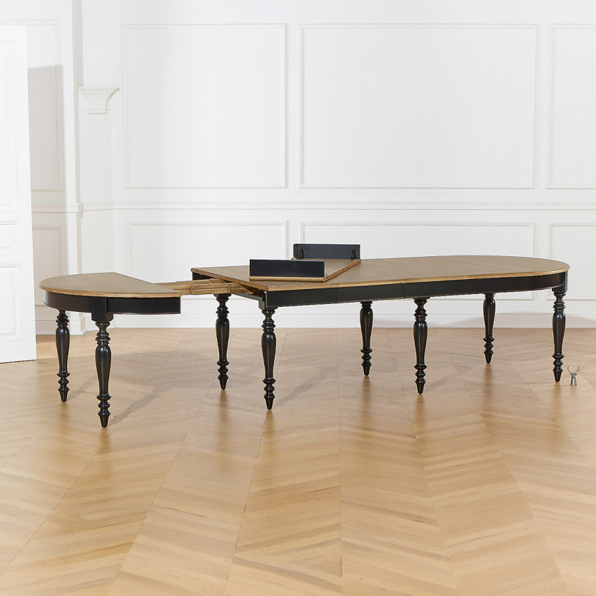 Table à manger extensible JADE LOU – Style shabby chic, plateau en chêne, pieds noirs, 6/14 couverts