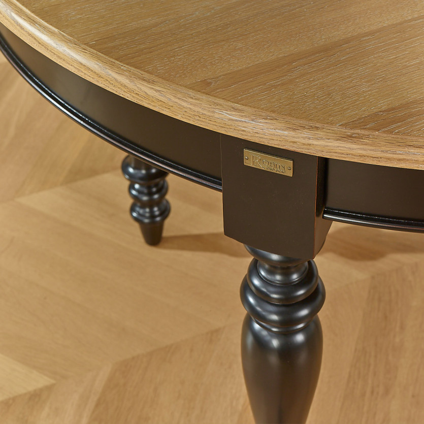 Table à manger extensible JADE LOU – Style shabby chic, plateau en chêne, pieds noirs, 6/14 couverts
