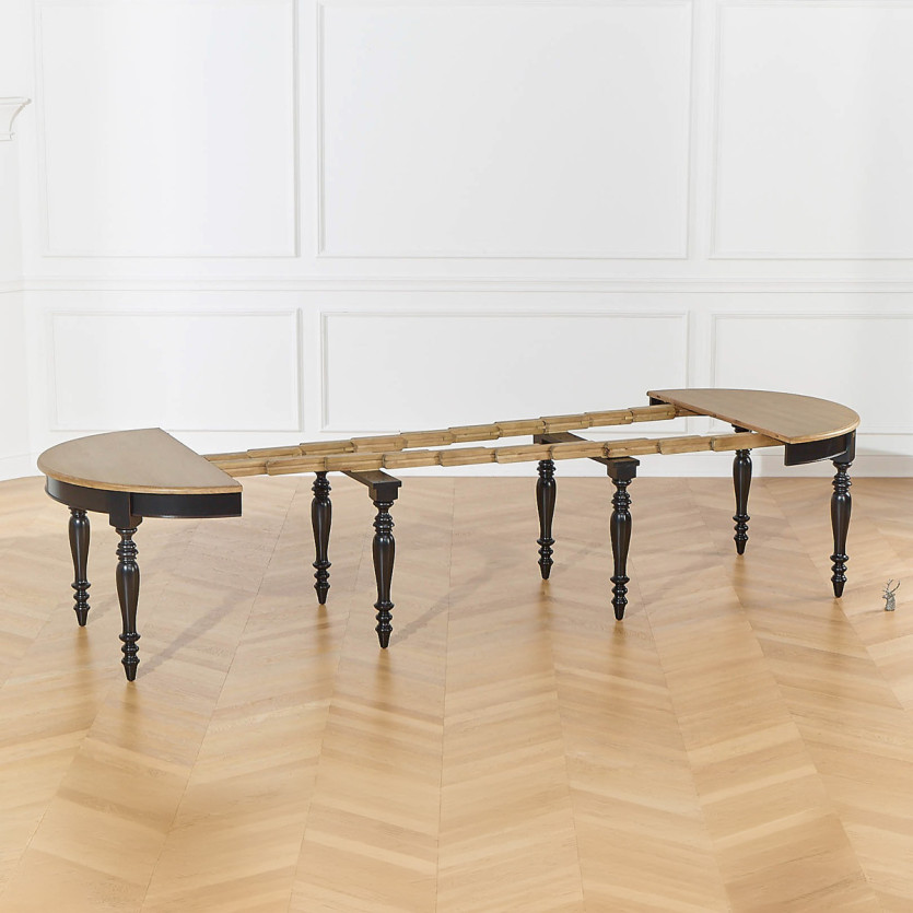 Table à manger extensible JADE LOU – Style shabby chic, plateau en chêne, pieds noirs, 6/14 couverts