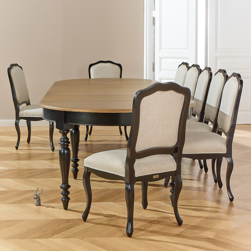 Table à manger extensible JADE LOU – Style shabby chic, plateau en chêne, pieds noirs, 6/14 couverts
