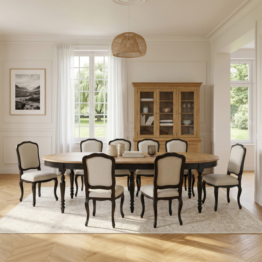 Table à manger extensible JADE LOU – Style shabby chic, plateau en chêne, 6/14 couverts