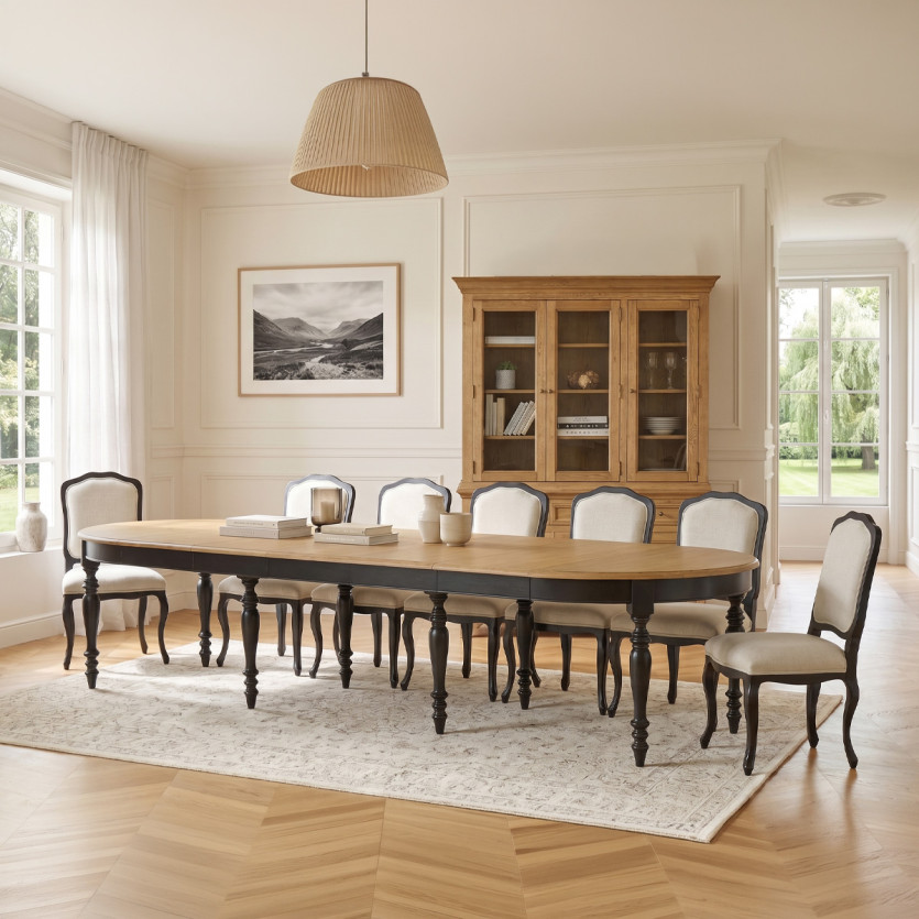 Table à manger extensible JADE LOU – Style shabby chic, plateau en chêne, 6/14 couverts