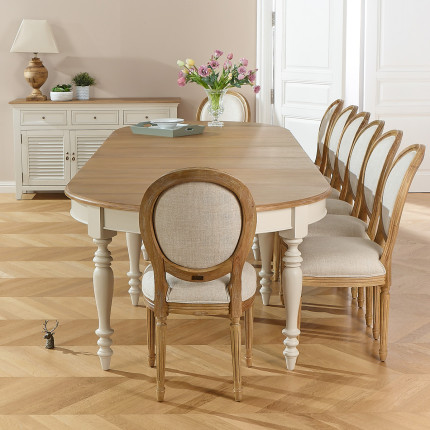 Mesa de comedor extensible JADE LOU – Estilo shabby chic, tablero de roble, 6/14 cubiertos