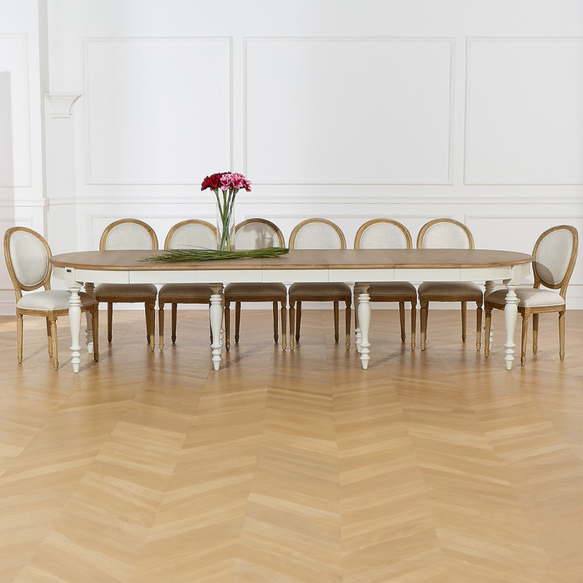 JADE LOU extendable dining table – Shabby chic style, oak top, 6/14 settings