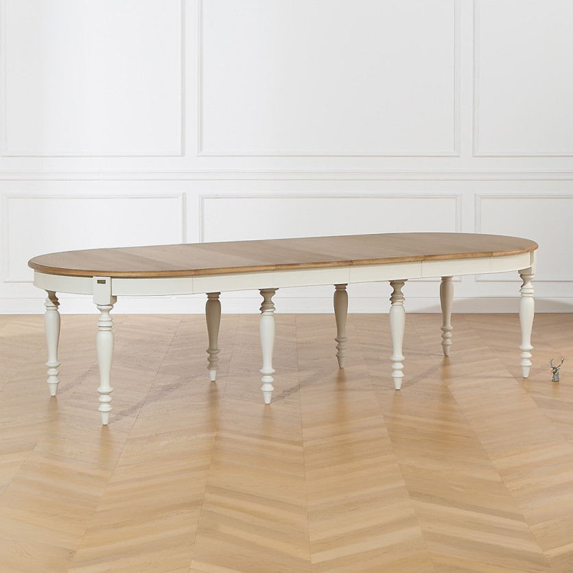 JADE LOU extendable dining table – Shabby chic style, oak top, 6/14 settings