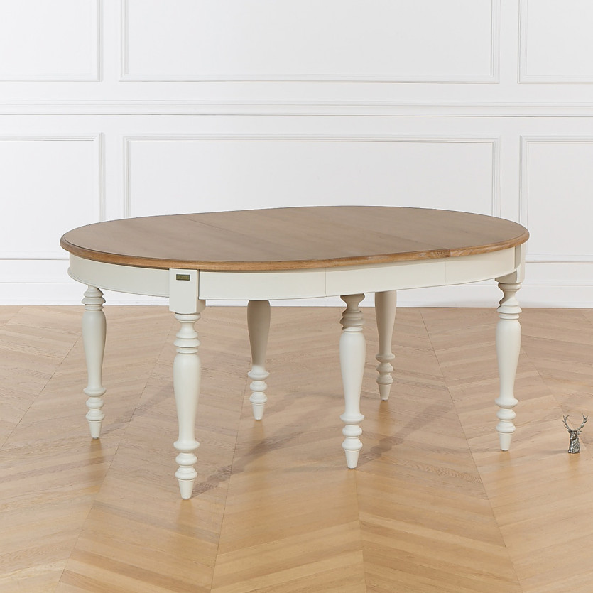 Mesa de comedor extensible JADE LOU – Estilo shabby chic, tablero de roble, 6/14 cubiertos