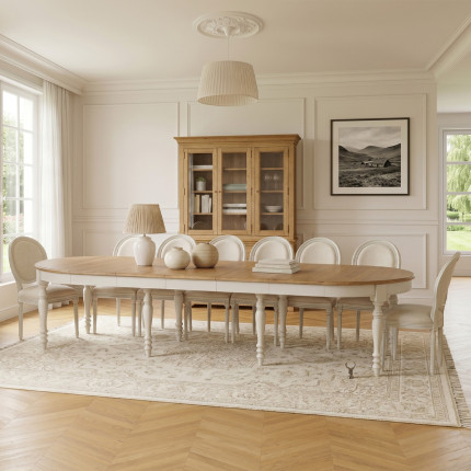 Mesa de comedor extensible JADE LOU – Estilo shabby chic, tablero de roble, 6/14 cubiertos