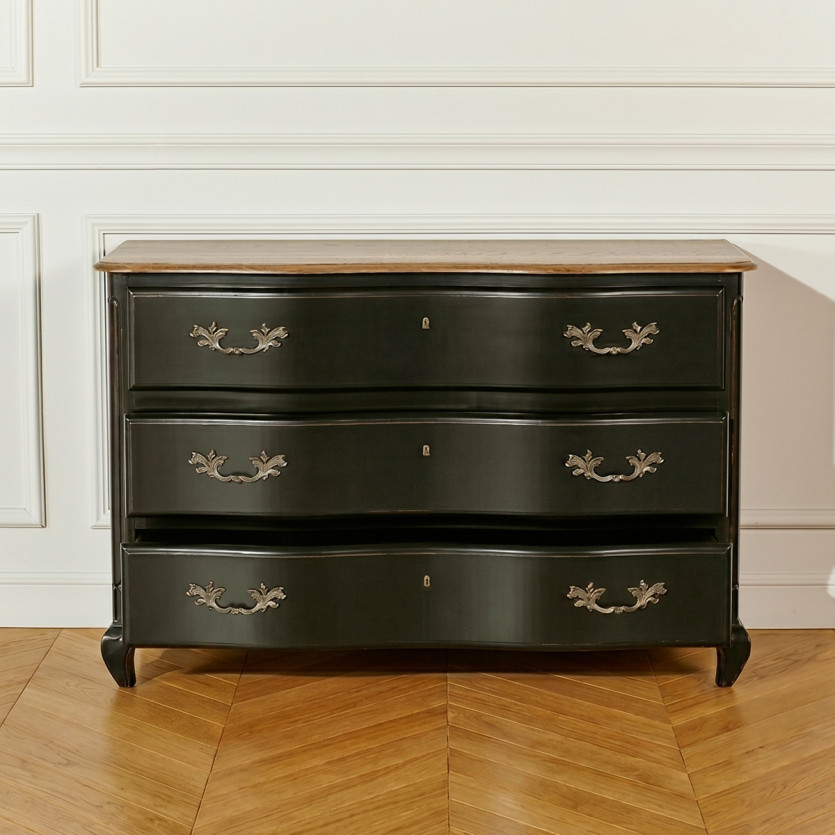 SERRENA - Commode shabby chic noire en chêne, 3 tiroirs