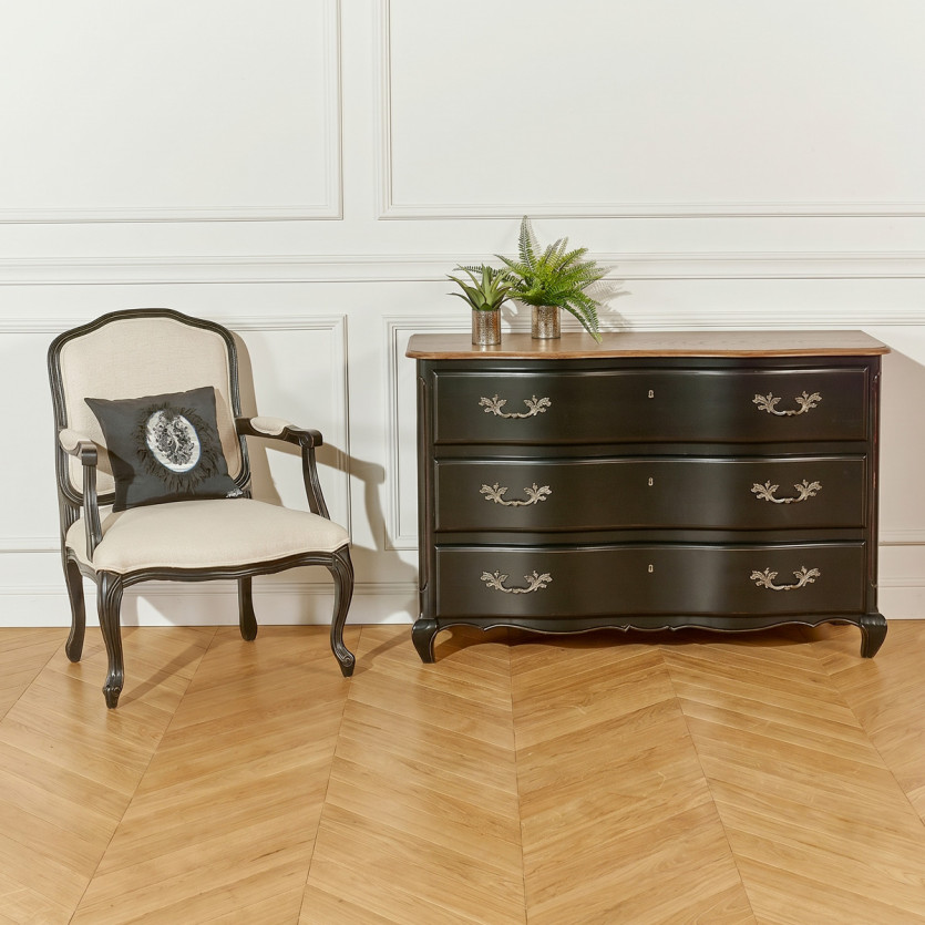 SERRENA - Commode shabby chic noire en chêne, 3 tiroirs