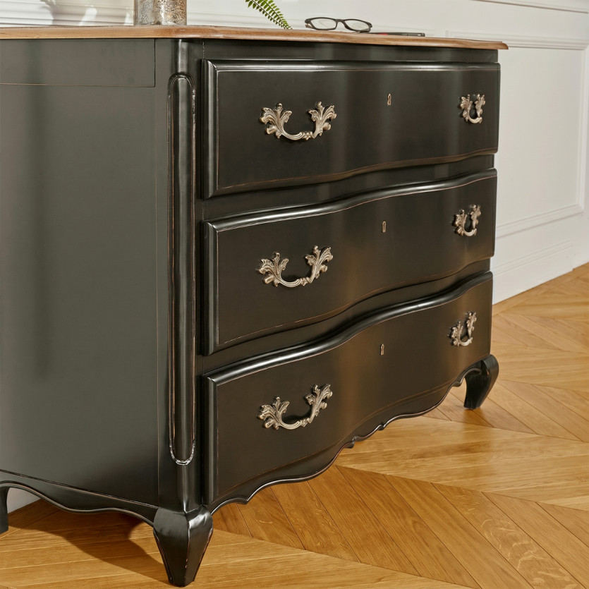 SERRENA - Commode shabby chic noire en chêne, 3 tiroirs