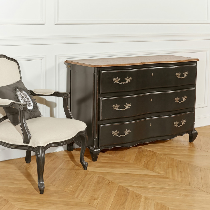 SERRENA - Commode shabby chic noire en chêne, 3 tiroirs