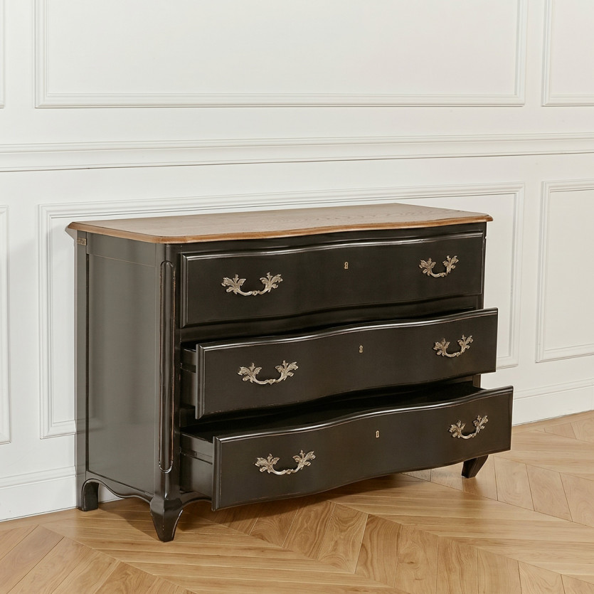 SERRENA - Commode shabby chic noire en chêne, 3 tiroirs