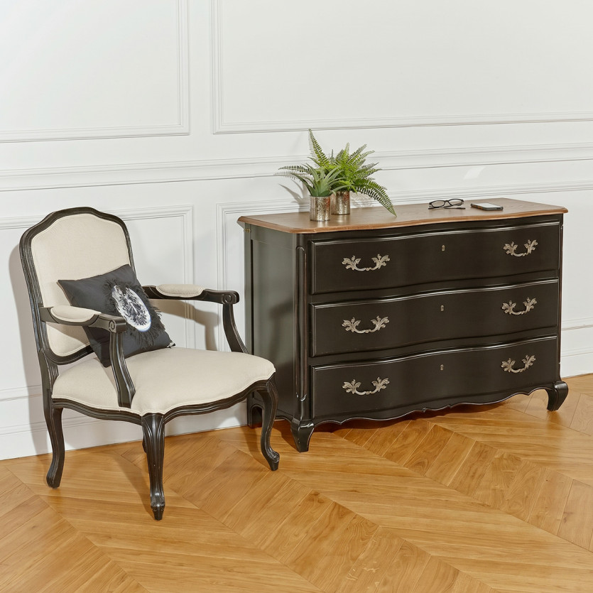 SERRENA - Commode shabby chic noire en chêne, 3 tiroirs
