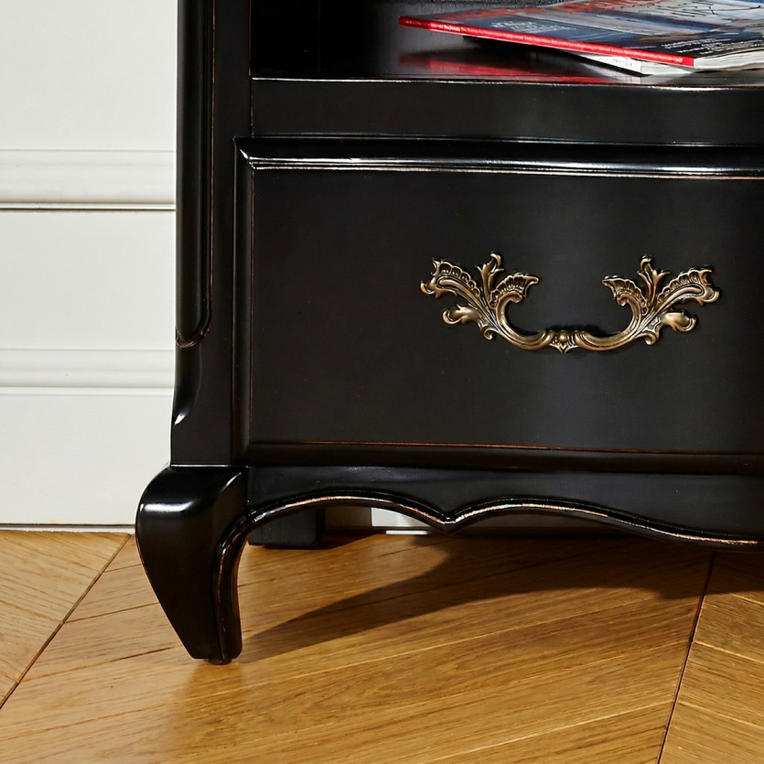 SERRENA - Black TV stand with a romantic style, oak top, 2 niches, 1 drawer