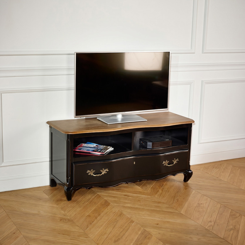 SERRENA - Schwarzes romantisches TV-Möbel, Eichenplatte, 2 Nischen, 1 Schublade