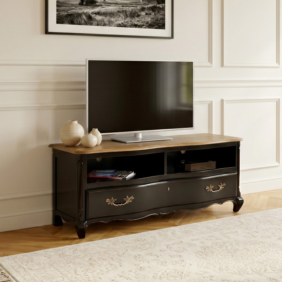 SERRENA - Mobile TV nero stile romantico, piano in rovere, 2 vani, 1 cassetto
