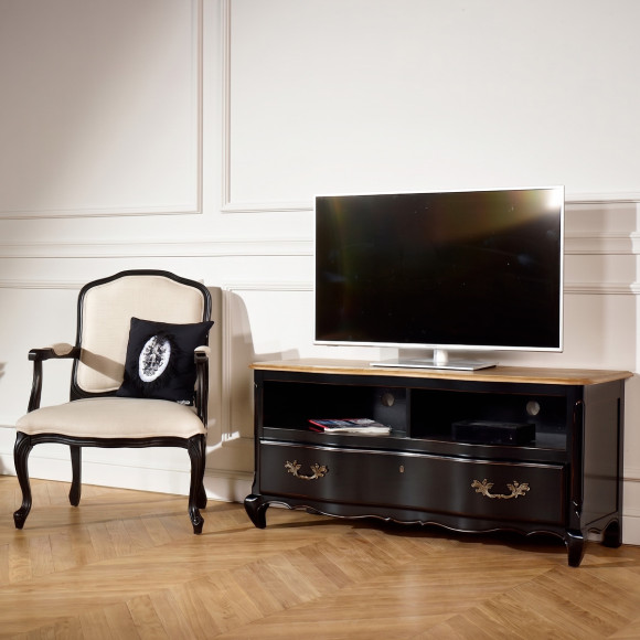 SERRENA - Black TV stand with a romantic style, oak top, 2 niches, 1 drawer