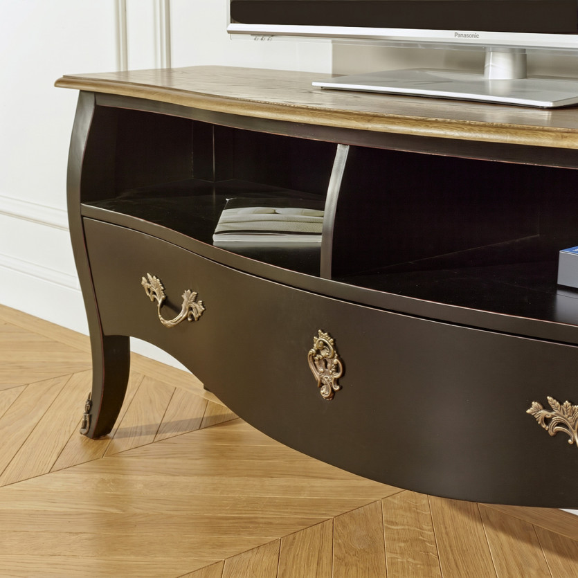 ALIENOR – Móvel para TV 145 cm, tampo de carvalho, estilo atemporal, 1 gaveta, 2 nichos, madeira certificada FSC®