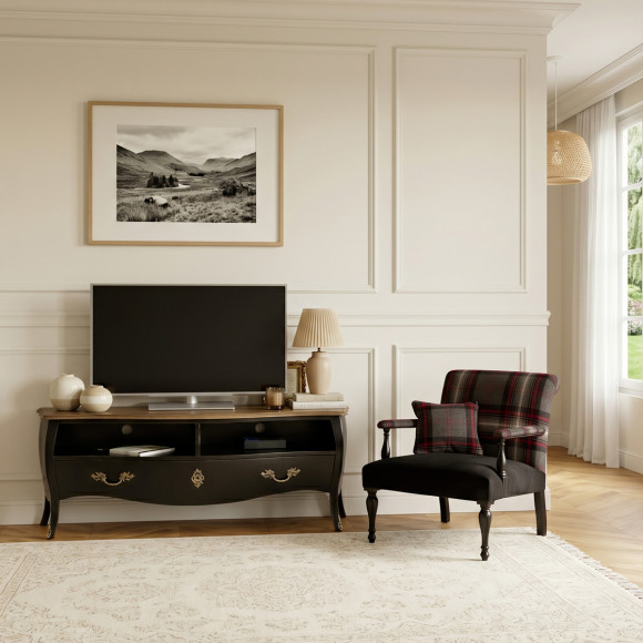 ALIENOR – Meuble tv 145 cm en bois massif style intemporel, 1 tiroir, 2 niches, bois certifié FSC®