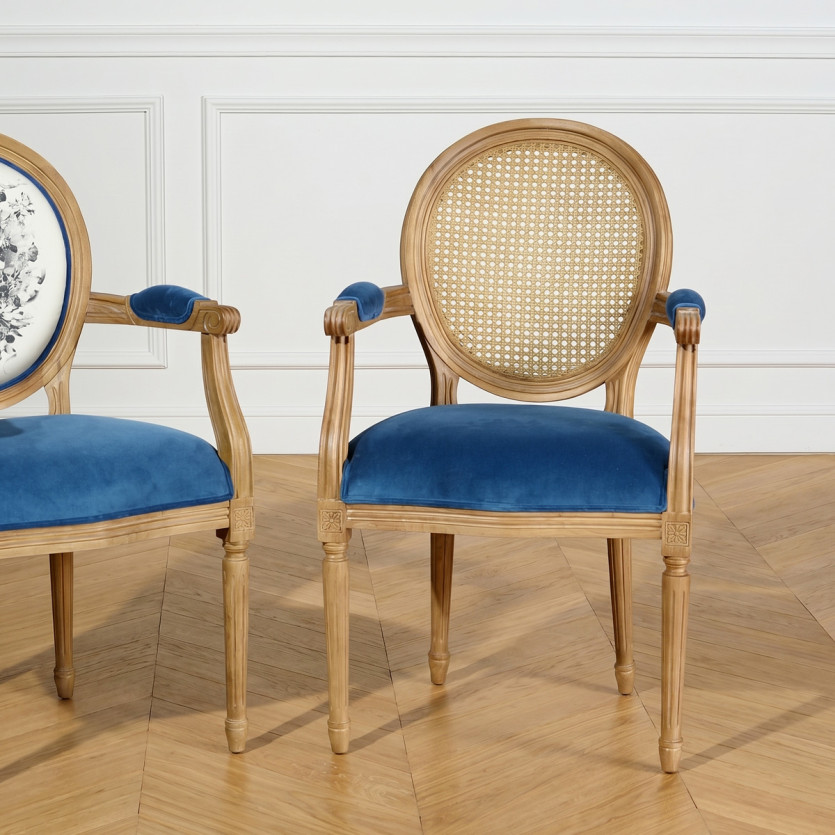 MEDAILLON – Fauteuil cabriolet style classique, cannage, velours et bois massif, bois certifié FSC®, 1 place
