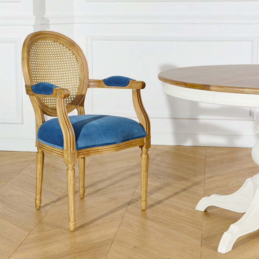 MEDAILLON – Poltrona cabriolet estilo clássico, palhinha, veludo e madeira maciça, madeira certificada FSC®, 1 lugar
