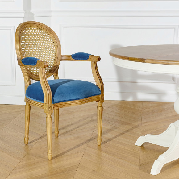 MEDAILLON – Klassieke cabriolet fauteuil, rietwerk, fluweel en massief hout, FSC®-gecertificeerd hout, 1 zits