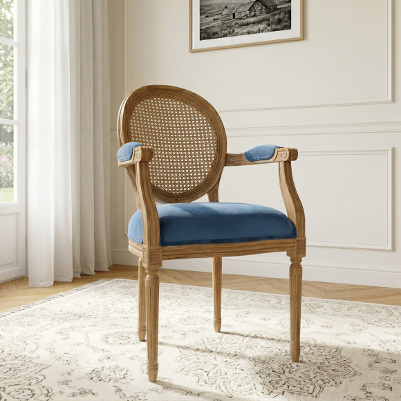 MEDALLION – Classic style cabriolet armchair, caning, velvet and solid wood, certified wood, 1 seat