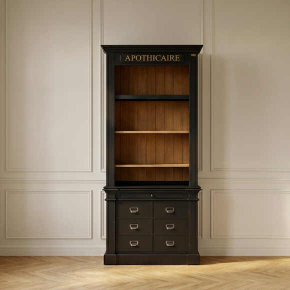 Bibliothek GASPARD - Klassischer Stil aus Holz, antike Patina, 2 Türen, 4 Regale, 1 Schublade