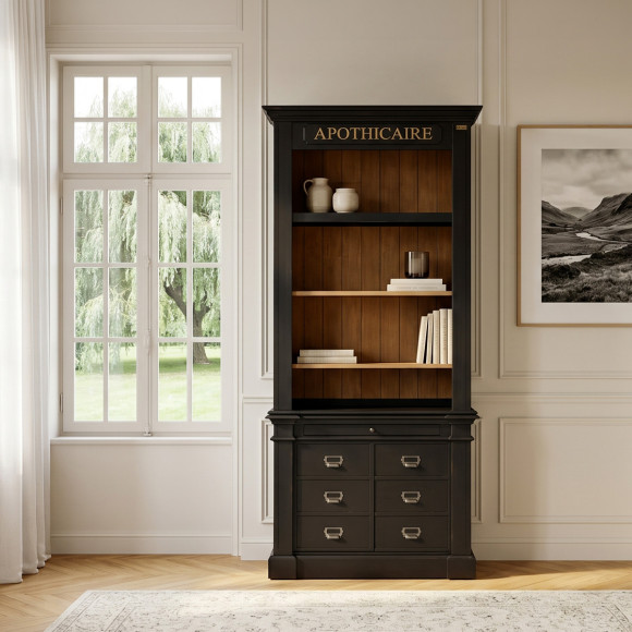 Bibliothek GASPARD - Klassischer Stil aus Holz, antike Patina, 2 Türen, 4 Regale, 1 Schublade