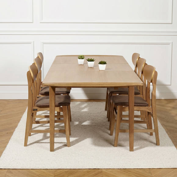Eettafel met verlengstuk DALHIA - Scandinavische stijl in eikenhout, 6/8 personen, FSC®-gecertificeerd hout