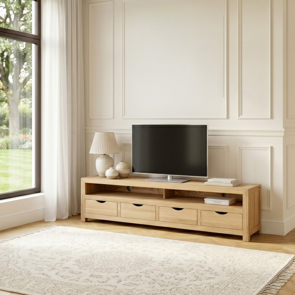 Móvel TV DANIA – Estilo contemporâneo, tampo em carvalho, 4 gavetas, 1 nicho