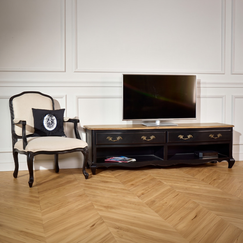 SAVOY - Meuble TV style shabby chic plateau chêne, 2 niches, 2 tiroirs