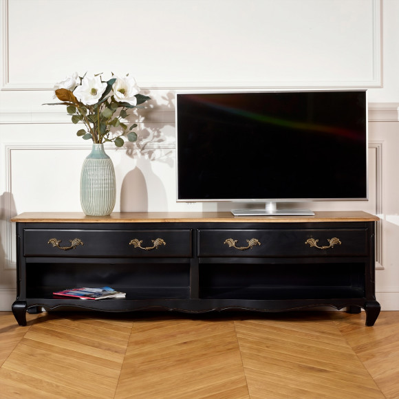 SAVOY - Móvel de TV estilo shabby chic, tampo de carvalho, 2 nichos, 2 gavetas