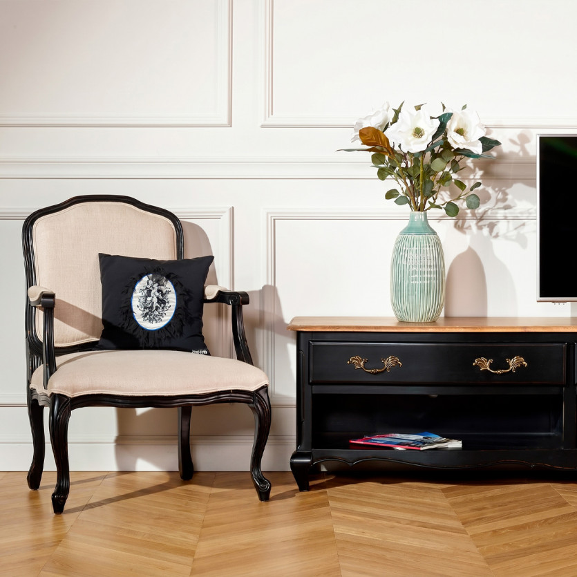 SAVOY - Meuble TV style shabby chic plateau chêne, 2 niches, 2 tiroirs