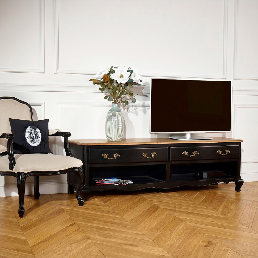 SAVOY - Meuble TV style shabby chic plateau chêne, 2 niches, 2 tiroirs