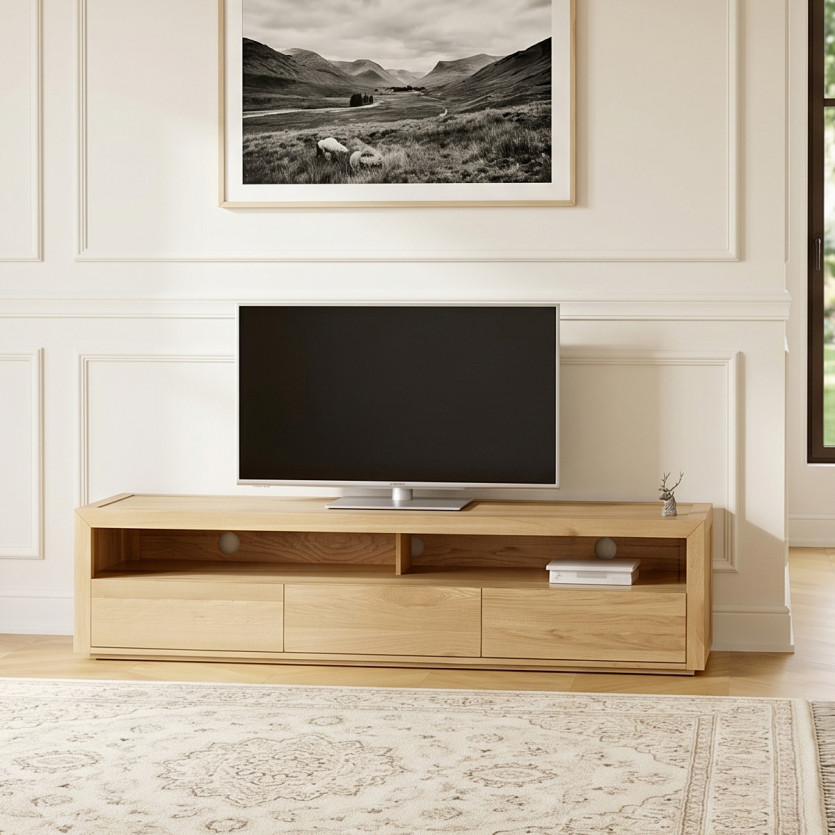 CAMILLE oak TV stand - Contemporary style, 3 drawers, 180 cm