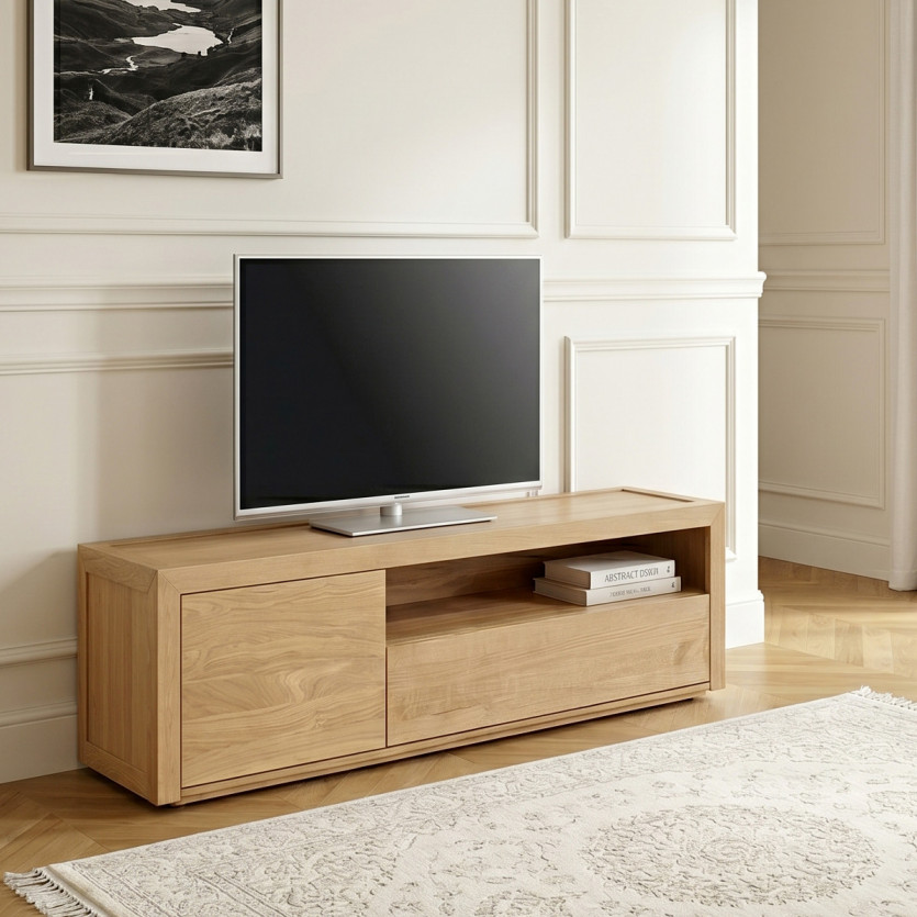 CAMILLE Oak TV Stand - Contemporary Style, 1 Drawer, 1 Door, 140 cm
