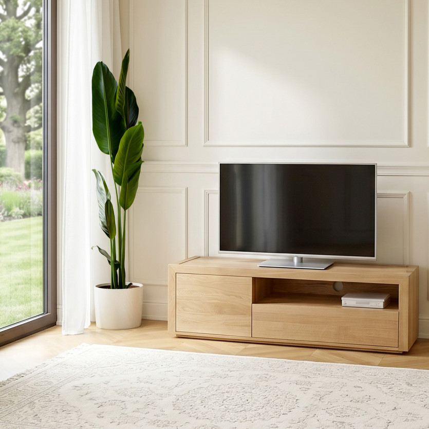Meuble TV CAMILLE - Style contemporain, plateau en chêne,1 tiroir, 1 porte, 140 cm