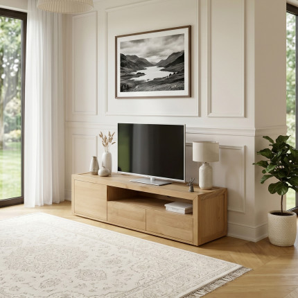 Meuble TV CAMILLE - Style contemporain, plateau en chêne, 2 tiroirs, 1 porte, 180 cm
