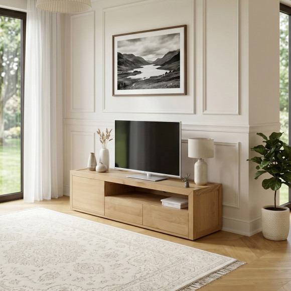 Móvel para TV CAMILLE - Estilo contemporâneo, tampo em carvalho, 2 gavetas, 1 porta, 180 cm