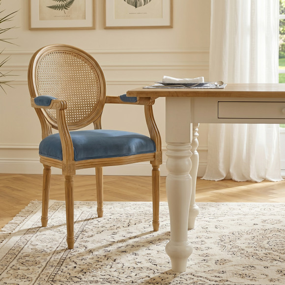 MEDAILLON - Poltrona estilo Luís XVI em tecido veludo azul tempestade, madeira maciça e rattan, 1 lugar