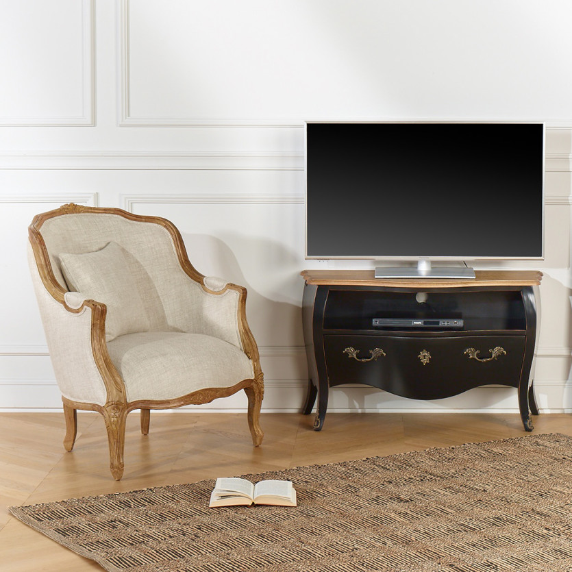 VICTOR - Sessel im Shabby-Chic-Stil aus Leinen, Holzpatina natur, 1-Sitzer
