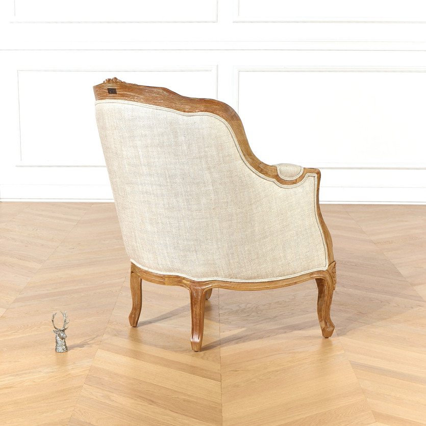 VICTOR - Shabby Chic Style Bergère Armchair in Linen, Natural Wood Finish, 1-Seater