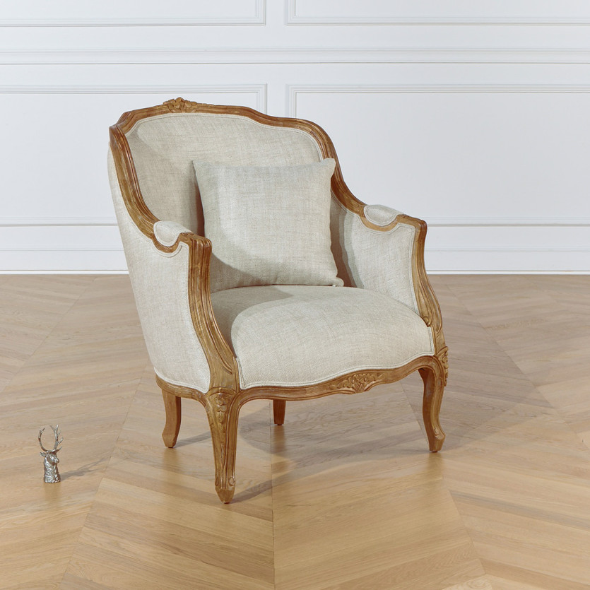 VICTOR - Sessel im Shabby-Chic-Stil aus Leinen, Holzpatina natur, 1-Sitzer