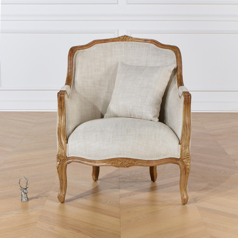 VICTOR - Shabby Chic Style Bergère Armchair in Linen, Natural Wood Finish, 1-Seater