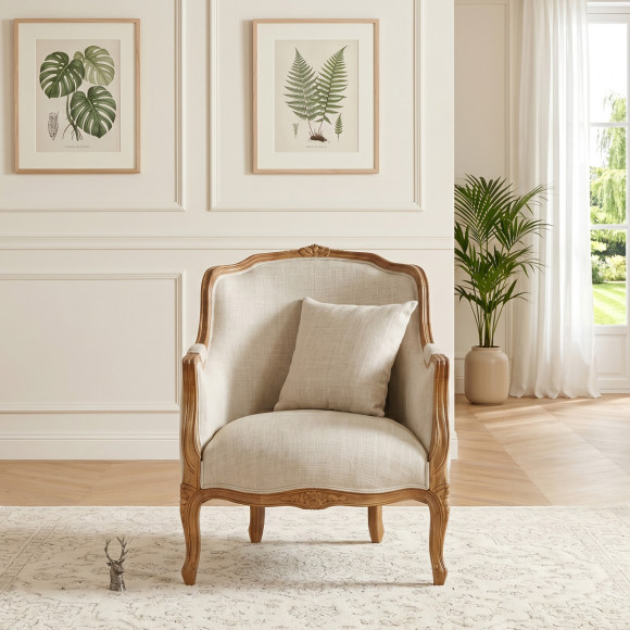 Fauteuil bergère VICTOR - Style shabby chic en lin, patine bois naturel, 1 place