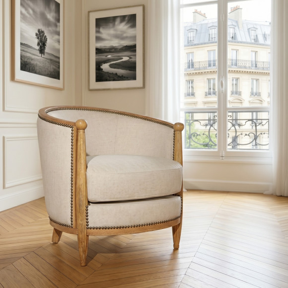 Poltrona tonel CAROLE – Estilo romântico em carvalho e linho algodão, madeira certificada FSC®, 1 lugar