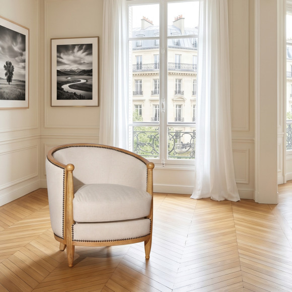 Poltrona tonel CAROLE – Estilo romântico em carvalho e linho algodão, madeira certificada FSC®, 1 lugar