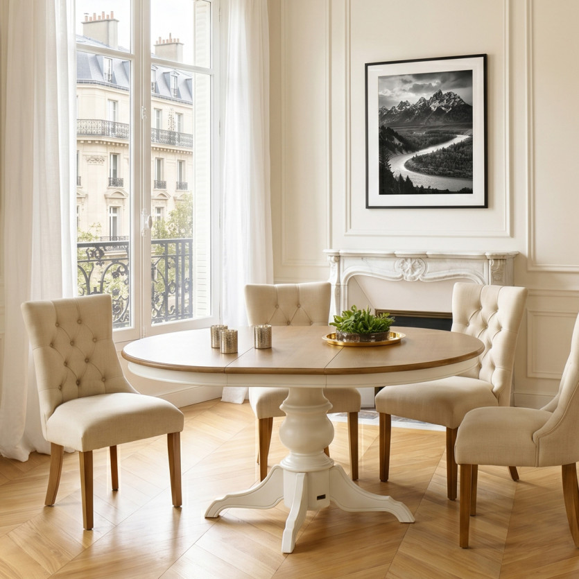 Uitschuifbare eettafel ARIANE - Romantische stijl, eiken blad, witte poot, 4/6 personen